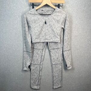 Gymshark Geo Print 2 Piece Set Grey Marl Long Sleeve Crop Top Leggings Womens S